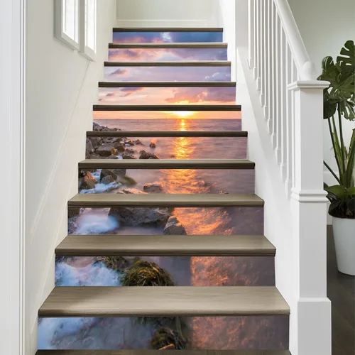 Miniatura 7 de artfanke 13 piezas de calcomanías de escalera 3D de amanecer en la costa del océano - Adhesivos para escaleras de pelar y pegar - Adhesivos