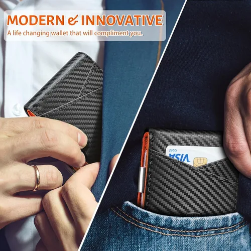 Miniatura 58 de GSOIAX Cartera delgada de cuero plegable RFID para hombre, billetera minimalista con bolsillo frontal con clip para dinero, 12 ranuras para Negro