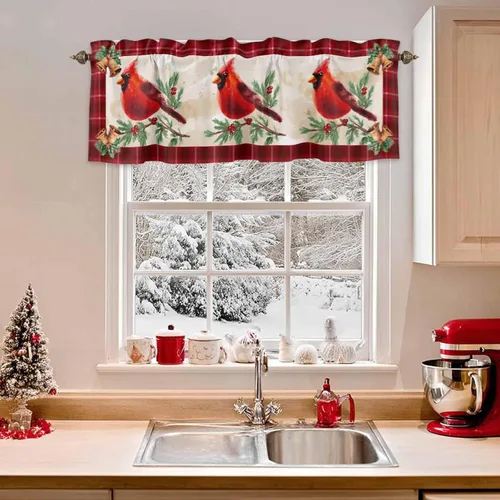 Miniatura 13 de Cenefas de gnomo de invierno para cocina, cafetería, cenefa de ventana de pino nevado de Navidad, cortinas cortas de copo de nieve azul, 60 x 18