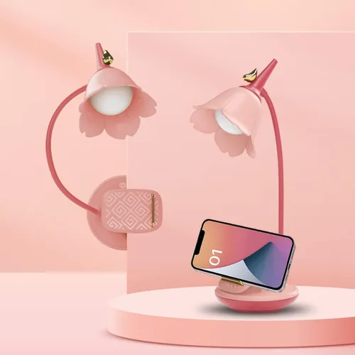 Miniatura 2 de Lámpara de escritorio rosa con abrazadera, lámpara LED pequeña recargable, cuello de cisne ajustable, regulable, linda para dormitorio de niñas