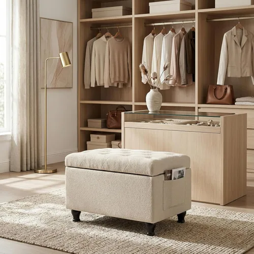 Miniatura 5 de Otomana rectangular de 24 pulgadas, color beige con almacenamiento para sala de estar Upholstered Fabric Shoe Bench and Footrest with Safety Hinge