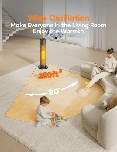 Miniatura 5 de Calentadores de espacio de 25 pulgadas para uso en interiores, calentadores eléctricos para habitaciones grandes, temporizador de 15 horas, Negro