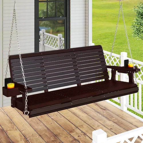 Miniatura 14 de Real Relax - Columpio de madera para el porche delantero, silla colgante de patio al aire libre de 2 plazas con portavasos, banco de asiento