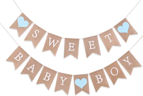 Cartel de arpillera Sweet Baby Boy – Decoraciones rústicas para baby shower, accesorios para fotos (Sweet Baby Boy Blue)
