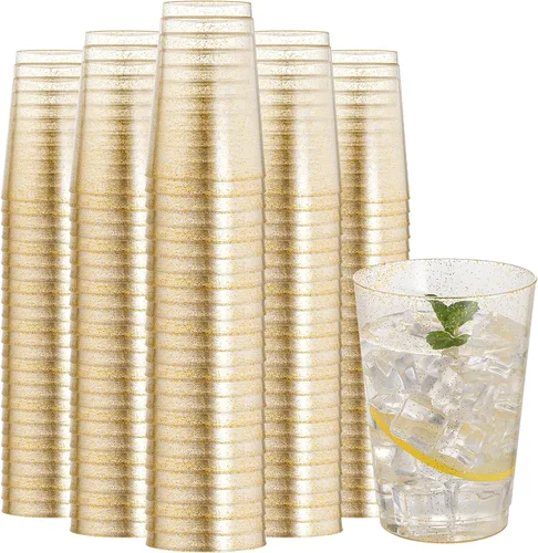 Miniatura 15 de I00000 Paquete de 100 unidades de vasos de plástico dorado de 12 onzas, vasos desechables con borde dorado, vasos de vino desechables y copas