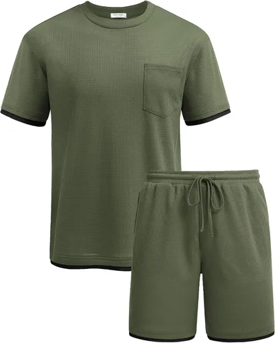 Miniatura 11 de COOFANDY Conjunto de camisa y pantalones cortos de gofre para hombre, conjunto de 2 piezas, conjunto casual de verano con bolsillos