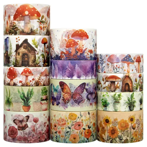 KOVANO Juego de Cintas Washi 13 Rollos - Cinta Decorativa Floral de Hongos y Mariposas, Cinta Adhesiva de Colores para Suministros de Scrapbooking,