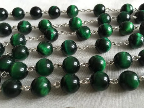 Miniatura 3 de elegantmedical HECHO A MANO 10MM verde Tiger Eye Bead Rosario CROSS collar católico Lourdes Medalla de agua
