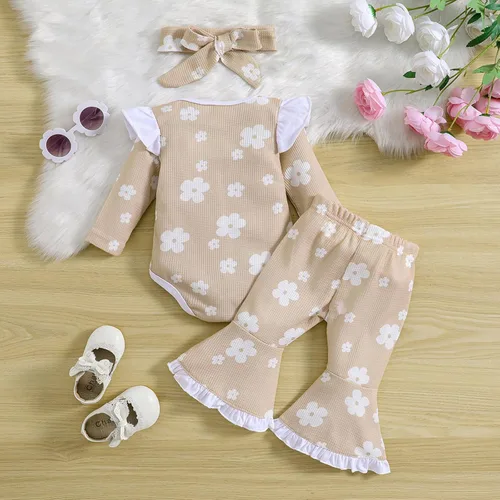 Miniatura 3 de Infant Baby Girl Fall Jumpsuit Outfits Flower Print Long Sleeve Romper + Flare Pants + Bow Headband Toddler Clothes