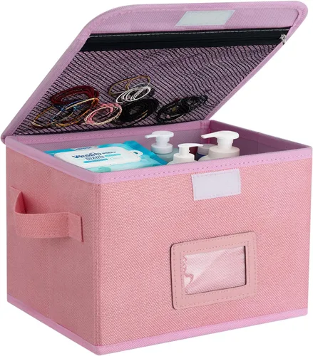 Miniatura 9 de Caja de almacenamiento pequeña, cesta de almacenamiento con tapa, caja plegable de tela de lino de algodón, contenedor organizador con cremallera