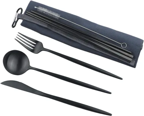 Miniatura 4 de Utensilios de viaje reutilizables, 7 piezas portátiles de acero inoxidable 304, incluyendo cuchillo, tenedor, cuchara, palillos, cepillo