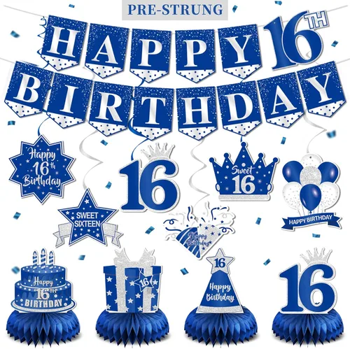 Juego de decoraciones de cumpleaños número 16 – Cartel azul de Happy 16 con espirales colgantes y centros de mesa de panal de abeja, kit de