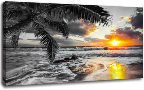 Miniatura 12 de Yxbhhym - Arte de pared en blanco y negro con temática de puesta de sol en la playa, decoración costera para la habitación, imagen del océano