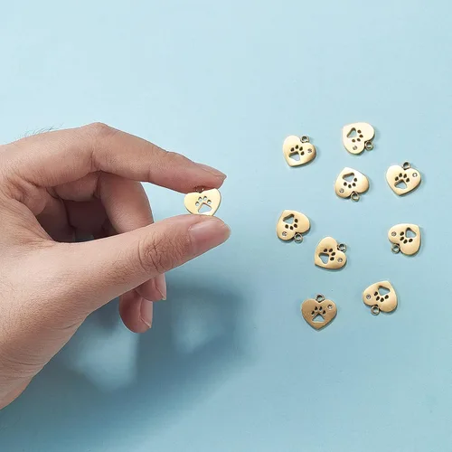 Miniatura 3 de Airssory 10 piezas de corazón de acero inoxidable chapado en oro con perro gato cachorro huella huella huella impresa mascota encantos con cristal