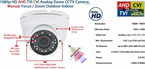 Miniatura 4 de Evertech Cámara de seguridad domo HD 1080p de metal resistente a la intemperie, carcasa de 2.8 ~ 0.472 in, lente de zoom variable de gran angular