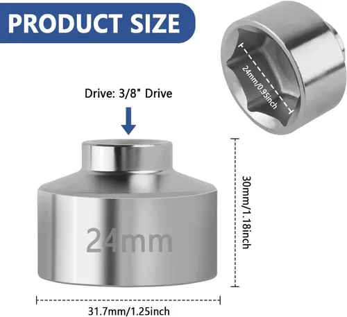 Miniatura 2 de IHOTDER Juego de llaves para filtro de aceite, zócalo de 24mm de 6 puntas de acero herramienta de extracción de filtro de aceite de 3/8" de 32 mm.