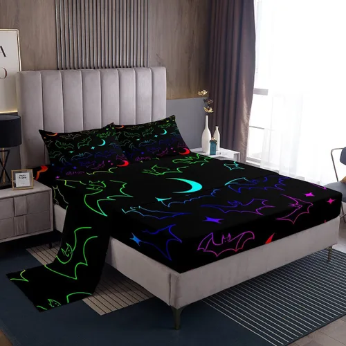 Miniatura 15 de Lindas sábanas de murciélagos tamaño individual, juego de sábanas de Feliz Halloween para niños y niñas, Kawaii cielo estrellado estrellas luna