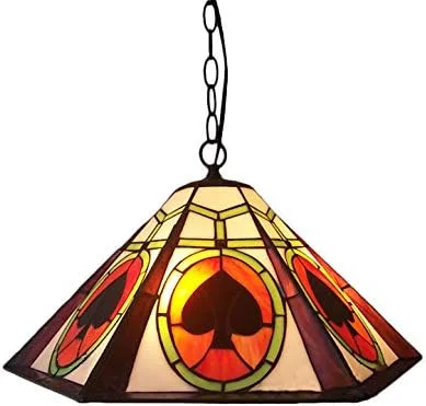 Iluminación colgante LED lámpara de araña antigua Tiffany Art de 18 pulgadas de ancho, pantalla geométrica, vitrales con patrón de póquer, 2 luces,