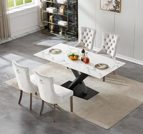 Miniatura 2 de Juego de mesa de comedor de mármol blanco para 4, 70 pulgadas, mesa de comedor de mármol blanco con 4 sillas de terciopelo beige y base de acero al