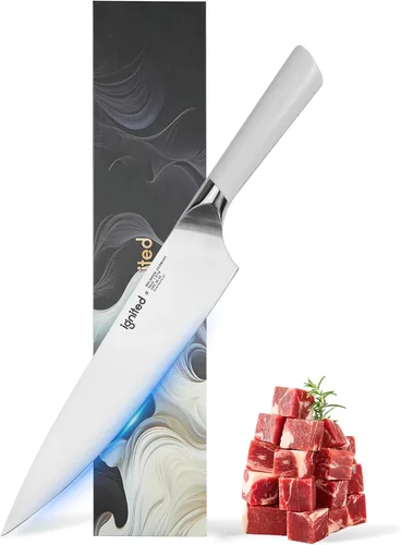Cuchillo de chef de 8 pulgadas, cuchillo de cocina alemán de acero inoxidable de alto carbono con mango blanco ergonómico, cuchillo de cocina