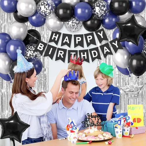 Miniatura 6 de Decoraciones de cumpleaños azul marino y negro para hombres, globo de confeti negro y azul con pancarta de "Happy Birthday", cortinas con flecos