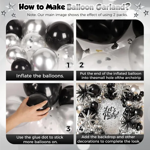Miniatura 3 de Kit de arco de guirnalda de globos negros y plateados de 153 unidades con estrellas - 22 18 12 10 5 pulgadas de diferentes tamaños, globos de látex