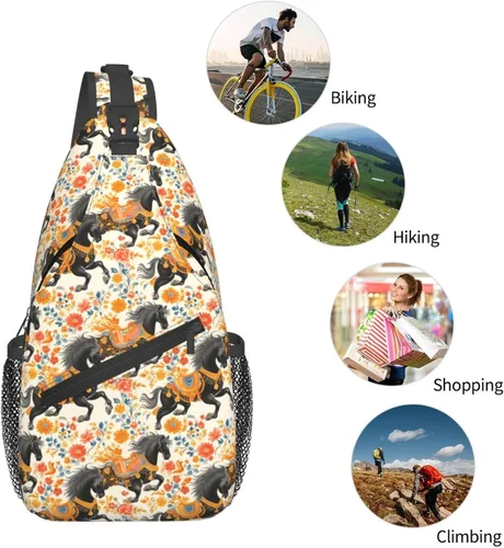 Miniatura 5 de Small Crossbody Bags for Women Men - Vintage Flowers Horse Black Print Adjustable Shoulder Bag Fanny Packs Belt Sling Bag Crossbody Purses Backpack