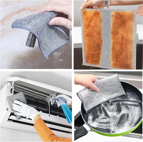 Miniatura 2 de 5 paños de limpieza de alambre de acero inoxidable de doble capa para cocina No raya, secado rápido, alambre metálico, 7.9x7.9 in, dos capas