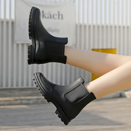 Miniatura 6 de Botas de lluvia para mujer, cómodos botines elásticos para adultos, botas Chelsea de tacón medio a la moda, impermeables, antideslizantes, suela