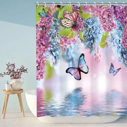 Miniatura 3 de LIVILAN Cortinas de ducha de mariposa con ganchos, cortina de ducha floral, cortina de ducha de mariposa azul, flores de acuarela y hojas verdes