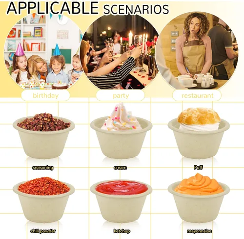Miniatura 4 de LeonBach Paquete de 200 Tazones de Papel de Caña de Azúcar Natural de 2 oz, Tazones de Papel Compostables para Condimentos Aperitivos Muestras Marrón
