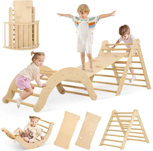 Miniatura 7 de Belleur Set de Triángulo Pikler, Juguetes de Escalada Plegables 7 en 1 para Niños Pequeños de 1-6 Años, Set de Escalada Montessori de Madera