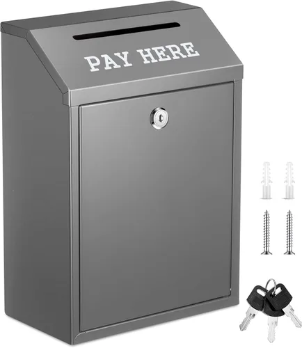 Miniatura 14 de Yaocom Caja fuerte de dinero para recolección de dinero, caja de donación de metal con cerradura para montaje en pared preperforado, buzón de Negro