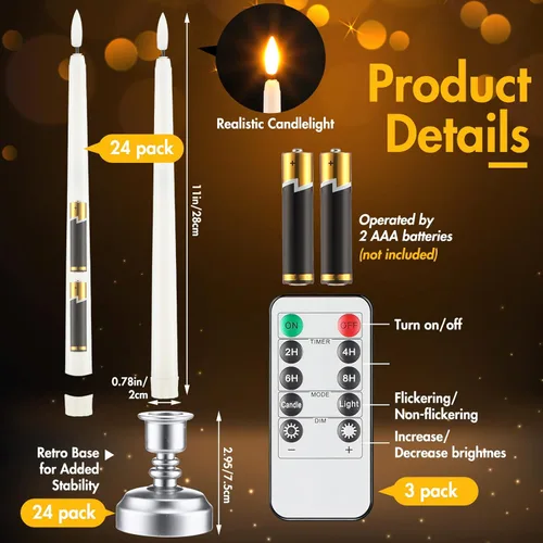 Miniatura 2 de Fumete Paquete de 24 velas cónicas sin llama con control remoto y temporizador, velas LED parpadeantes realistas con llama 3D, ventana LED con base