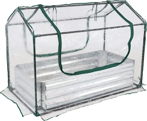 Miniatura 6 de Sunnydaze - Cama de jardín elevada de acero con mini invernadero, kit de invernadero para exteriores, 2 puertas con cremallera, transparente, 4 x 2