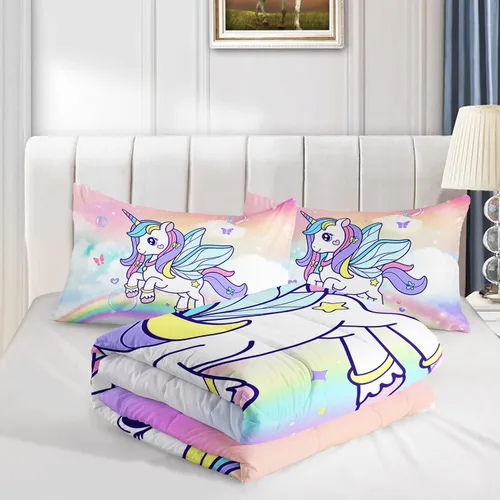 Miniatura 6 de Juego de edredón de unicornio para niñas, juego de ropa de cama de mariposa, juego de edredón de arco iris, tamaño individual con 1 edredón y 2