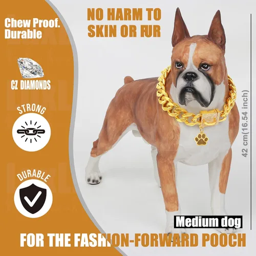 Miniatura 5 de Collar de cadena para perro, collar de lujo para perro, dorado con hebilla de circonita cúbica de 0.748 in, cadena de eslabones cubanos de metal