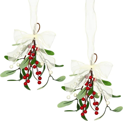 Miniatura 9 de Chunyin 2 piezas de muérdago de decoración navideña artificial de muérdago, decoración navideña con bayas y lazo de cinta blanca, bola de beso