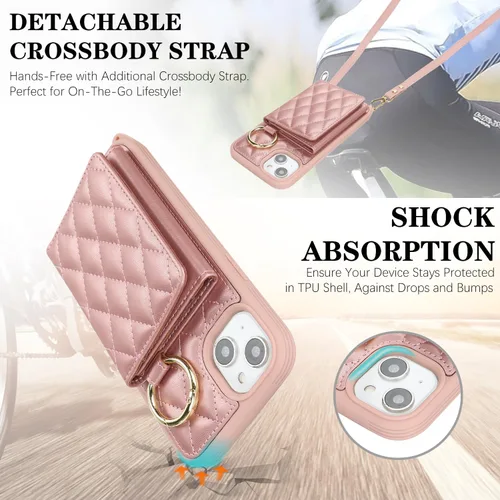 Miniatura 6 de Funda para iPhone 14 Plus con tarjetero y correa para mujer, cordón cruzado, espejo de maquillaje, soporte de anillo, cierre a presión, bonitas Rosa
