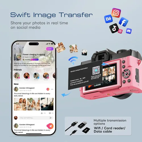 Miniatura 7 de Cámaras digitales para fotografía con control WiFi y aplicación, cámara de vlogging Ture 4K y 48MP para YouTube, compacta, enfoque automático de Rosa