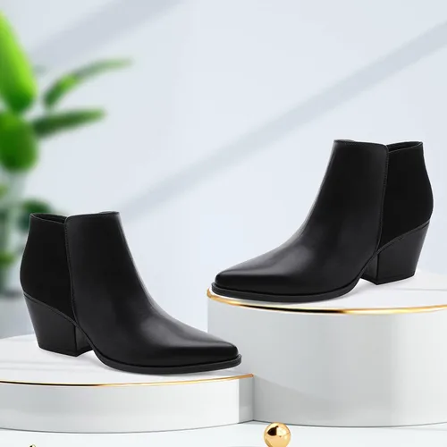 Miniatura 7 de CentroPoint Botines de cuero con tacón de bloque para mujer, puntera puntiaguda, con cremallera lateral