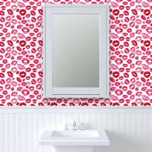 Miniatura 9 de Spoonflower Papel tapiz para despegar y pegar - Love Lips Red Valentine Beauty Lipstick Besos Acuarela Día de San Valentín Femenino Maquillaje Papel