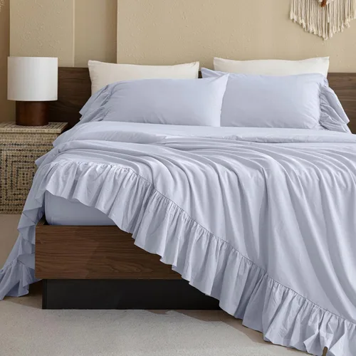 QSH Juego de sábanas con volantes 100% algodón tamaño Queen, juego de sábanas con volantes de color azul claro estilo campo francés, elegante ropa