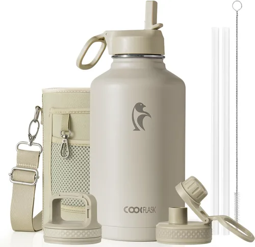 Miniatura 97 de Coolflask Botella de agua de 20 onzas aislada con pajilla, 3 tapas de metal de acero inoxidable, botella de agua de boca ancha para deportes u