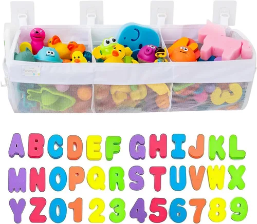 Miniatura 7 de Comfylife Organizador de juguetes de baño para bebé, tiburón, 36 letras y números de baño, red de almacenamiento de juguetes de baño adicional y 10