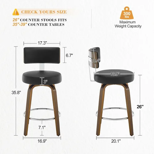 Miniatura 2 de Bekrvio Juego de 2 taburetes de bar giratorios con altura de mostrador, taburetes de cocina tapizados de piel sintética con respaldo, patas