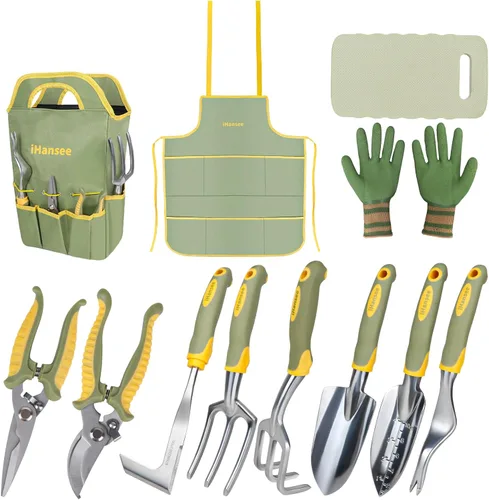 Juego de 12 herramientas de jardín, herramientas de mano de aluminio resistentes con mango antideslizante de goma, delantal de jardín, guantes,