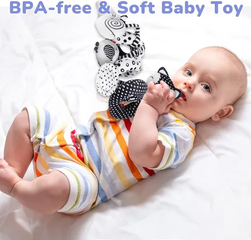 Miniatura 7 de XIXILAND Juguetes de peluche en espiral para bebé, juguetes de asiento de coche en blanco y negro, juguete de alto contraste para bebés recién