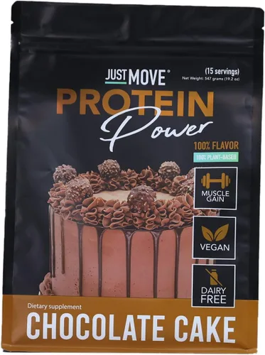 Just Move Proteína - Pastel de Chocolate - Vegano (a base de plantas), Orgánico, Sin Lácteos, Sin Soja, Sin Gluten, Keto, Sin Maní, 20g de Proteína,