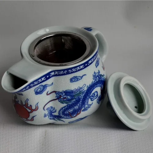 Miniatura 9 de Tetera infusor de alambre de filtro de acero inoxidable de dragón blanco azul de 14 onzas para té suelto (olla Dragon Phoenix)